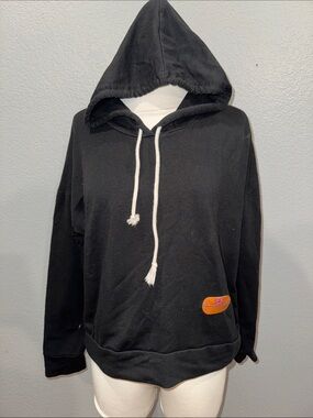Black Hooded Pullover Sweatshirt with Contrast Drawcord and Patch